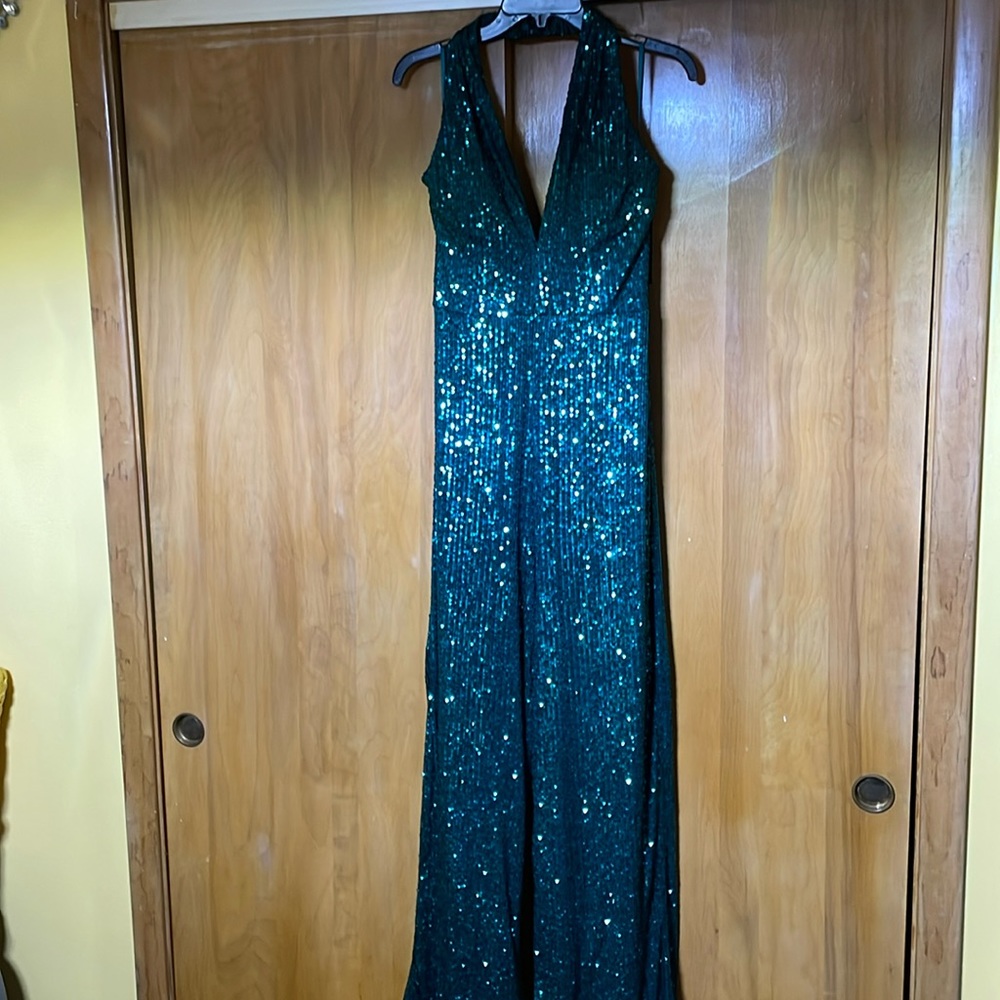 Green sequence halter jumpsuit
